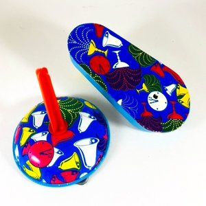 Two vintage tin New Years Eve royal blue cocktail New Years print noise makers.